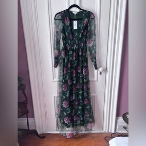 Baltic Born NWT Layla Tulle Maxi Dress Dark Floral Green 3 Layers